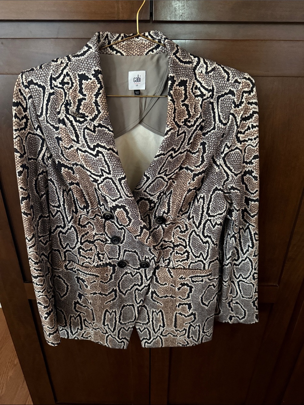 CAbi Double-Breasted Snake-Print Blazer in Beige and Black